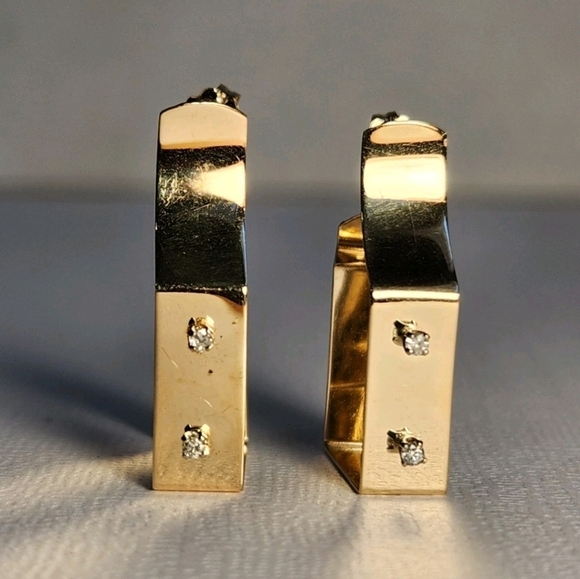 Very VTG Italian 80s 14K Gold Modernist Geometric Hoop & Diamond Earrings 3.30g - Picture 3 of 16